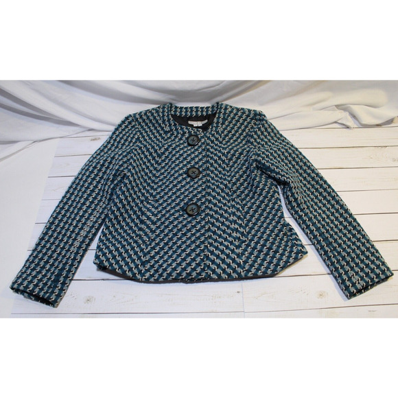 I.C.E. Women's M Teal Black Herringbone Tweed Lined Large Button Blazer Pockets - Picture 6 of 16